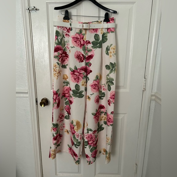 Messini Pants - Floral Wide Leg Pants with Belt - Pink Rose Print